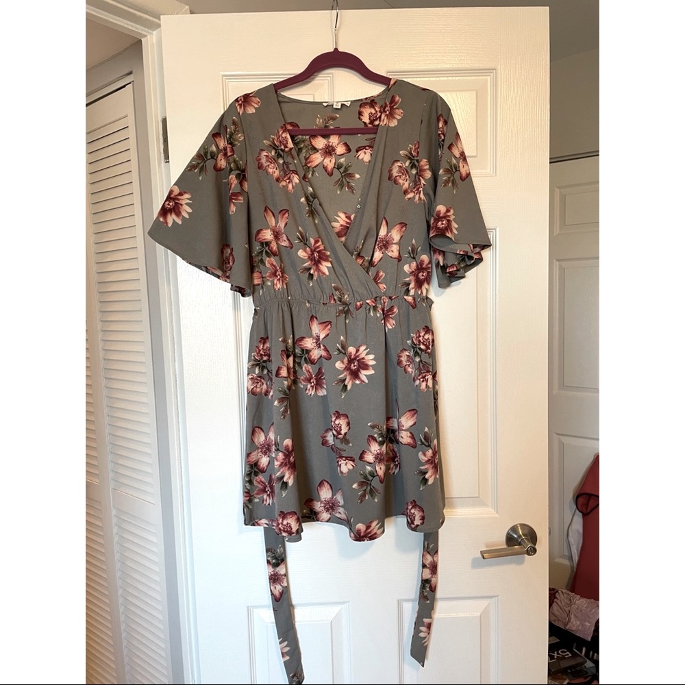 Gray Floral Faux-Wrap Dress